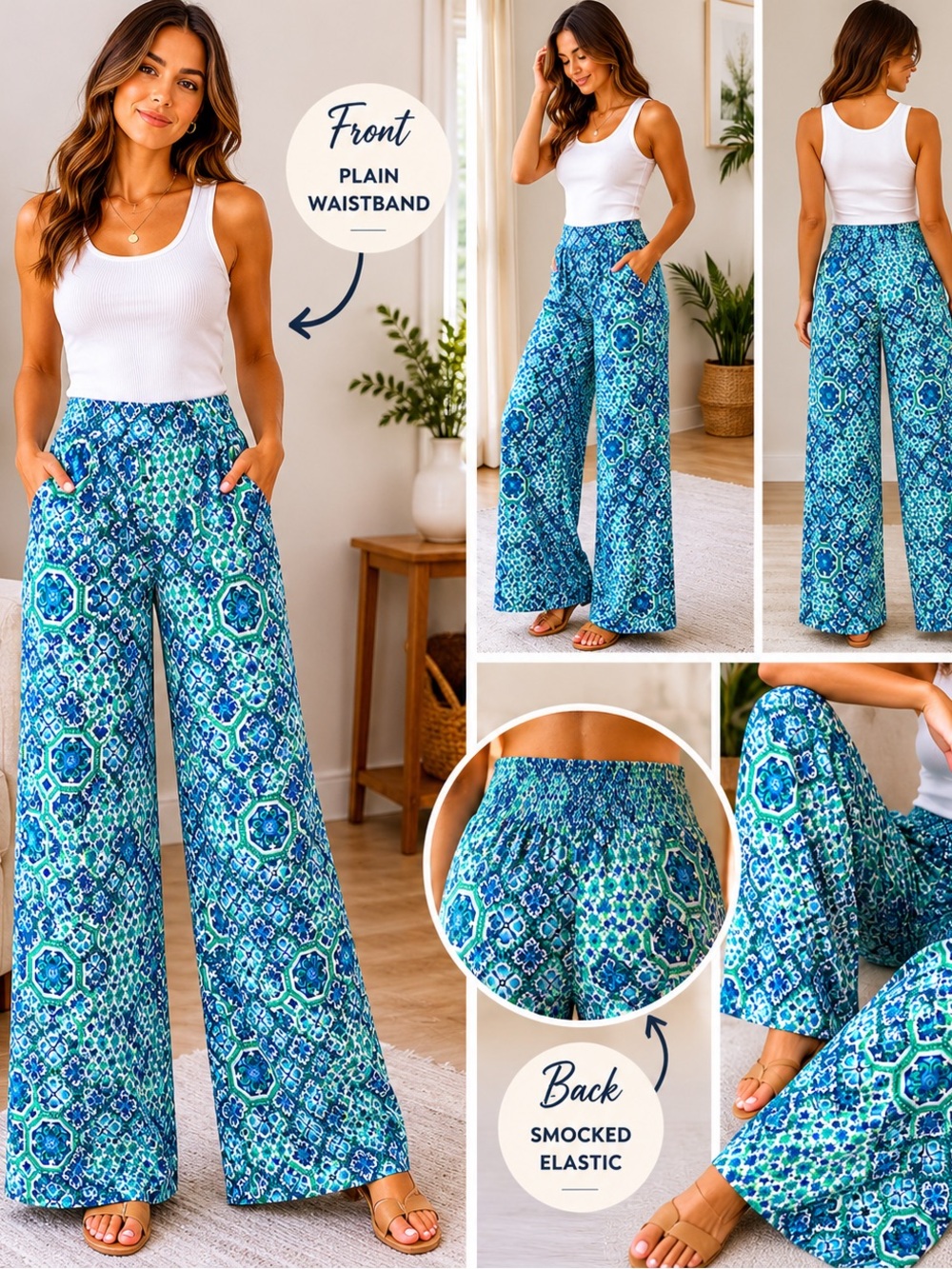 PAPPAGALLO Boho Geometric Palazzo Pants Wide Leg Teal Blue Resort Lounge Women M